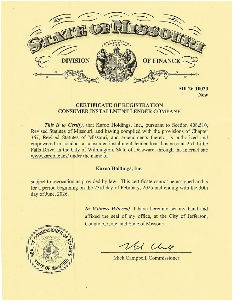 Missouri certificate of registration